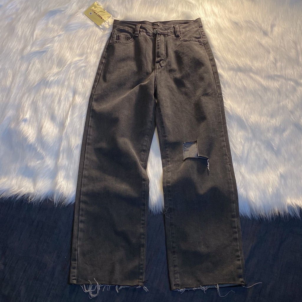 Quần Jeans Nữ Dài MON Dáng Suông Lưng Cao Rách Gối Ulzzang