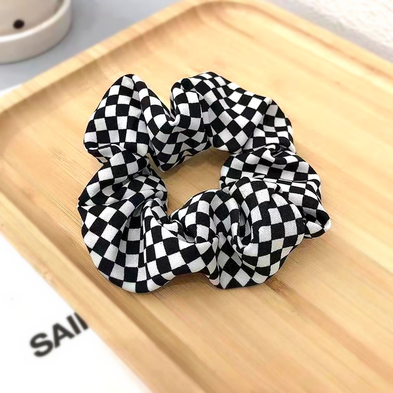 Dây Buộc Tóc Xốp Họa Tiết Caro Màu Trắng Đen Phong Cách Hàn Quốc Thời Trang Cho Nữ