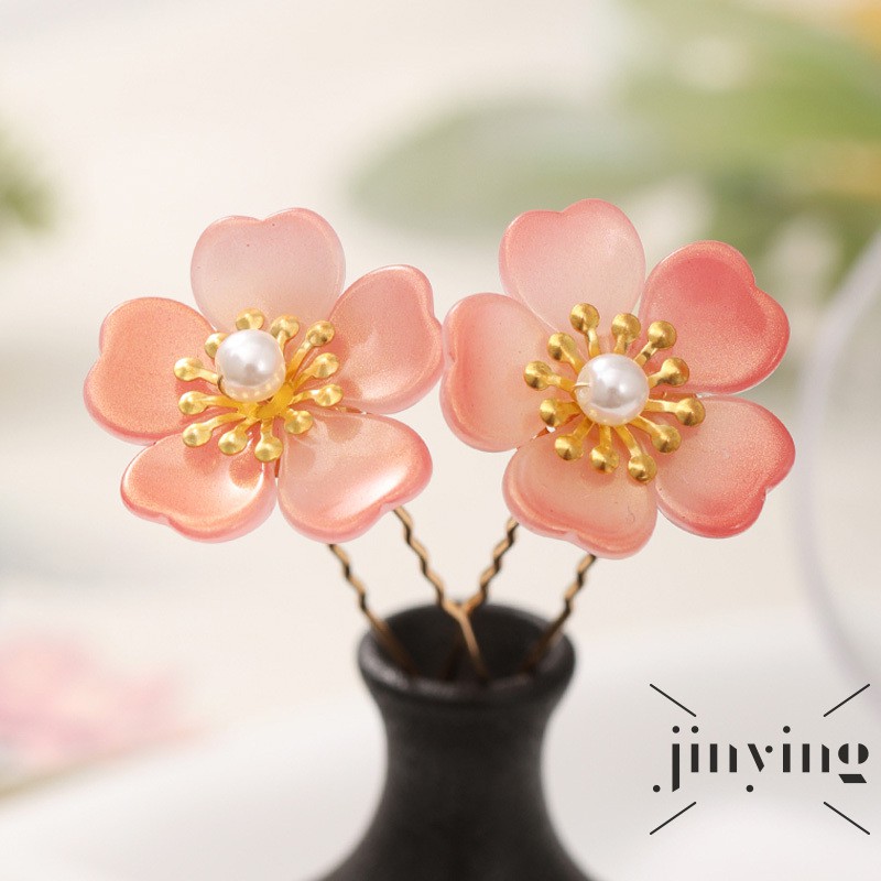 Bộ 2 trâm cài tóc trang trí hình bông hoa màu hồng phối màu vàng đồng đính ngọc nhân tạo đơn giản cho cô dâu/phù dâu