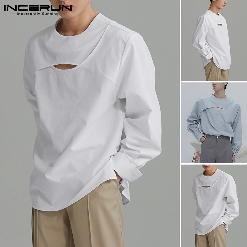 Áo thun tay dài INCERUN cổ tròn mềm mại khoét rỗng phong cách Hàn Quốc giản dị dành cho nam