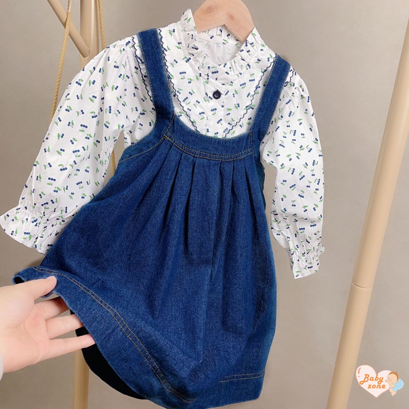 Bộ Áo Sơ Mi Tay Dài In Hoa + Váy Yếm Denim Dễ Thương Cho Bé Gái