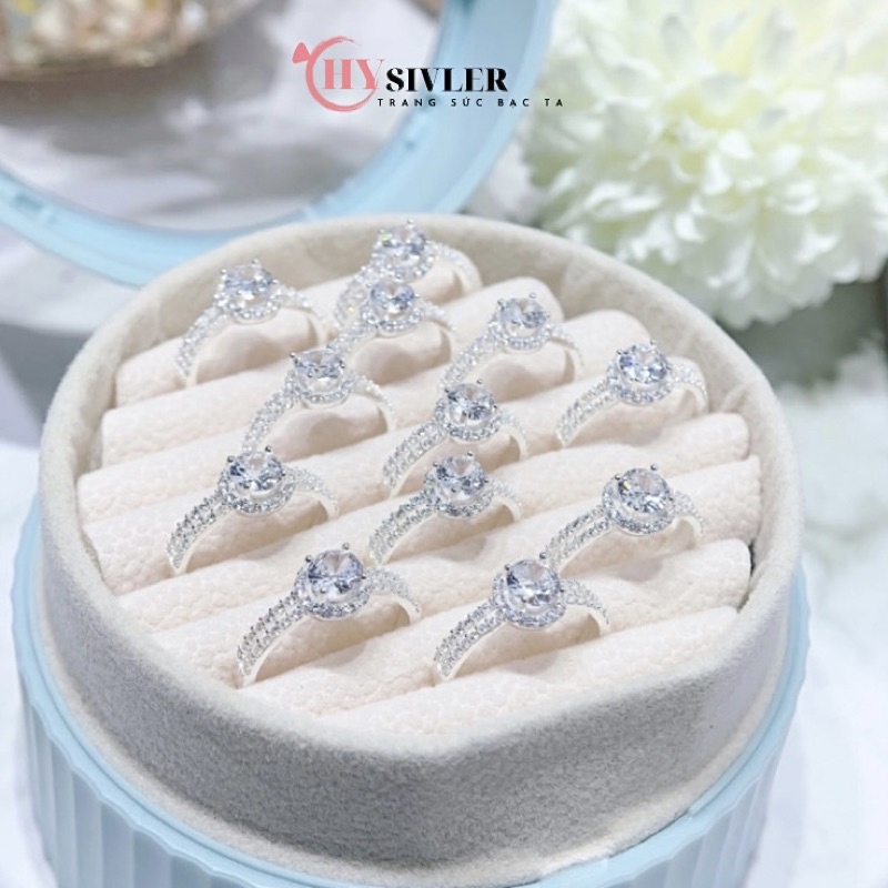 Nhẫn bạc ta nạm đá 2 hàng đá ổ đá tròn trẻ trung dày dặn nhẫn nữ bạc thật