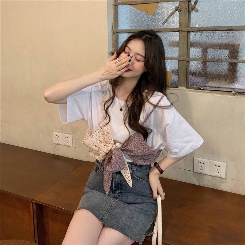 Áo Thun Tay Ngắn Dáng Rộng Phối Nơ Phong Cách Hàn Quốc