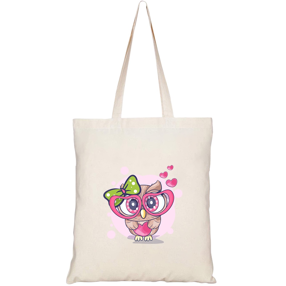 Túi vải tote canvas HTFashion in hình cute coruja pequena menina com um coracao HT210