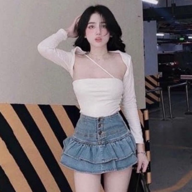 Váy jean xòe 2 tầng phối kiểu xinh xắn( HÌNH THẬT 100%) ❤