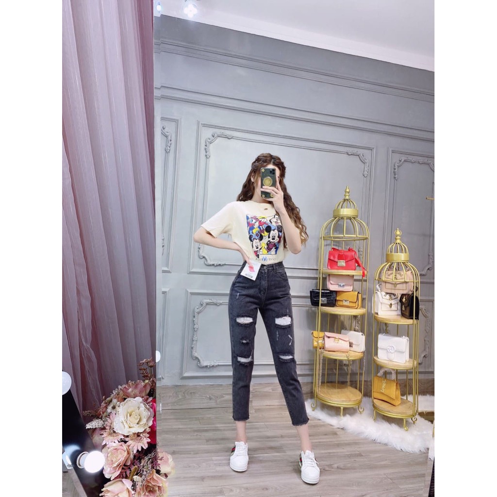 QUẦN BAGGY JEAN LƯNG THUN RÁCH XÁM HOT SHOP PHƯƠNG CHÂU