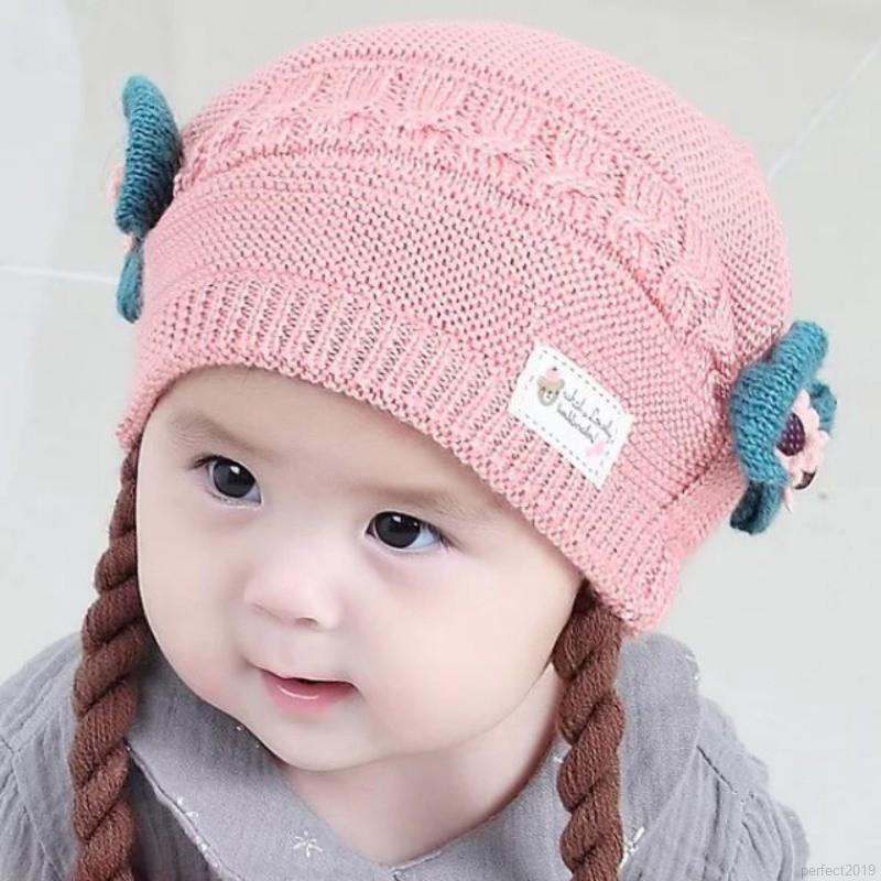 Mũ Cotton Giữ Ấm Mùa Đông Đính Nơ Kèm Tóc Bện Giả Cho Bé Gái