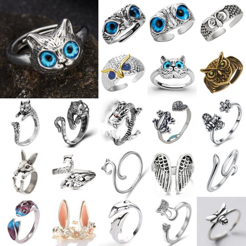 Nhẫn Hở Mạ Bạc 925 Hình Cú / Mèo / Ếch Có Thể Điều Chỉnh Kích Cỡ