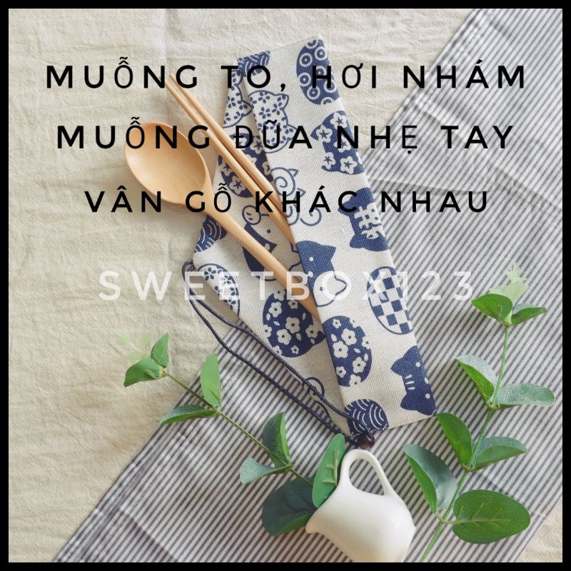 Bộ Muỗng Đũa Gỗ Văn Phòng - Set Thìa Đũa Gỗ Cá Nhân - Túi Vải Đựng Muỗng
