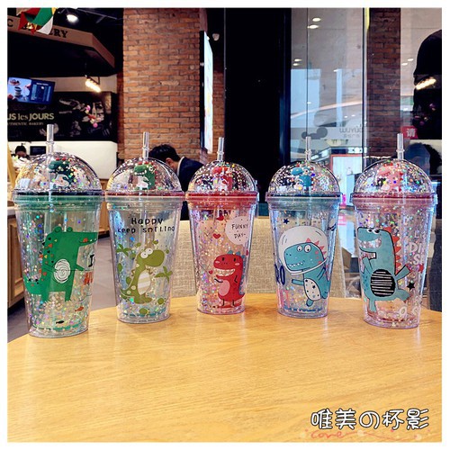 Ly giữ nhiệt Khủng long 3D🤗 kim tuyến 🤗  nhiều màu sắc 380ml dễ thương kute ( Tặng kèm ống hút 🤗 )