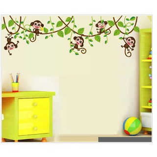 Hình dán tường Khỉ con đu dây trang trí phòng cho bé - decal có keo sẵn dễ dàng bóc dán tại nhà