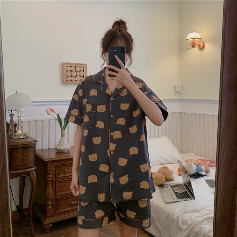 Đồ ngủ pijama gấu đen đồ mặc nhà cộc tay quần đùi hè thu Hàn Quốc ullzang