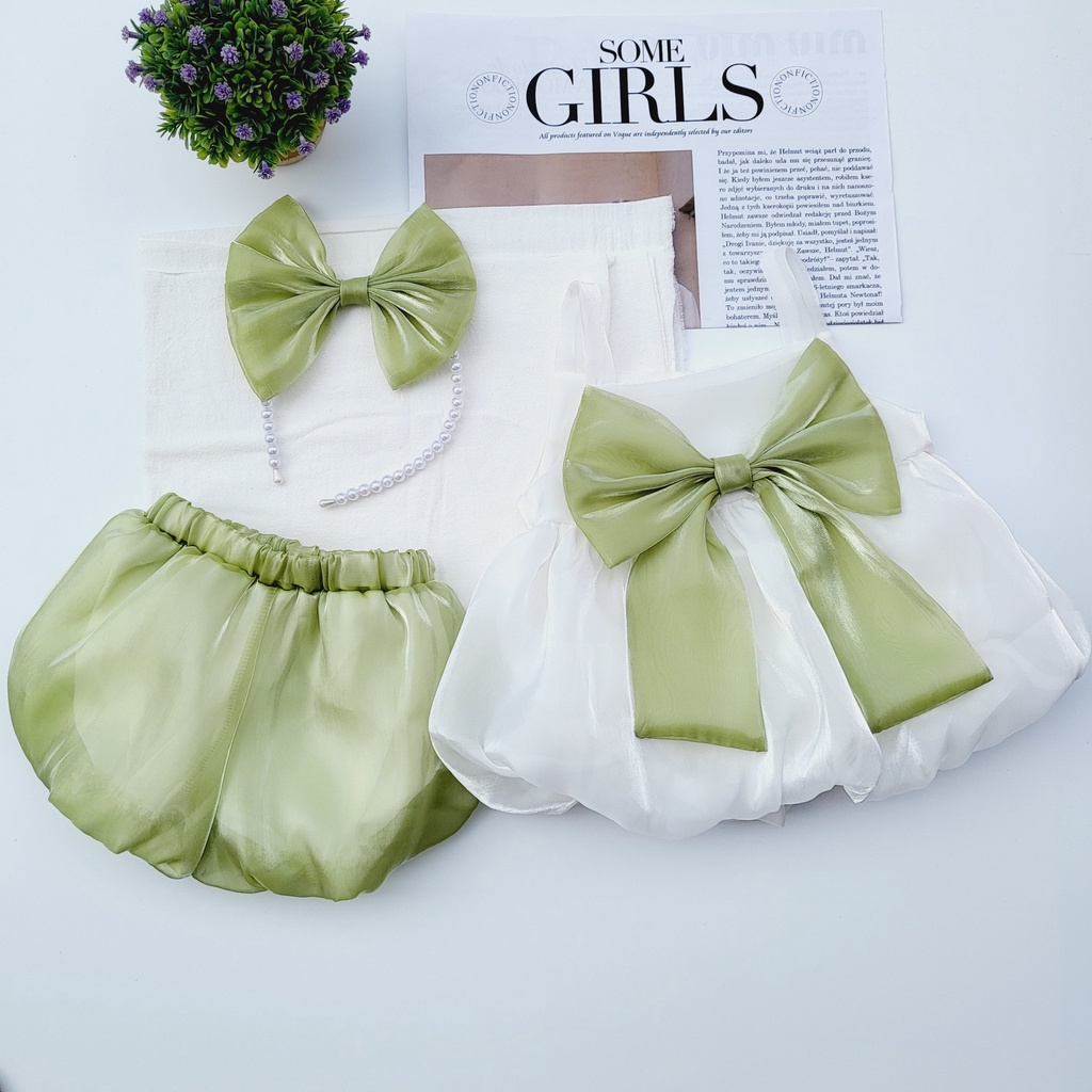 Bộ Áo Quần Công Chúa Voan Nơ Màu Xanh Cho Bé Gái Sơ Sinh 3-15kg