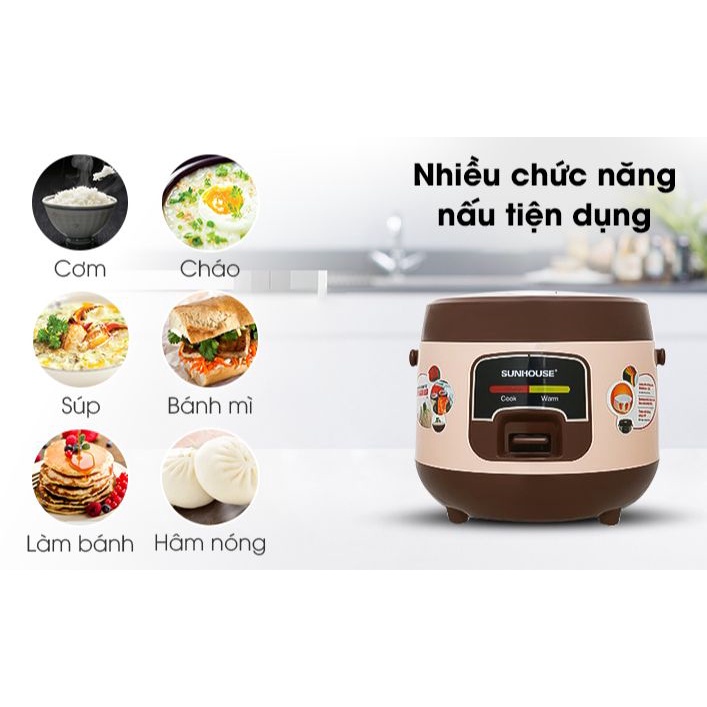 Nồi cơm điện nắp gài Sunhouse 1 lít SHD8208C- Mới 100% ,Lòng nồi 2 lớp dày 1.35 mm phủ chống dính Whitford