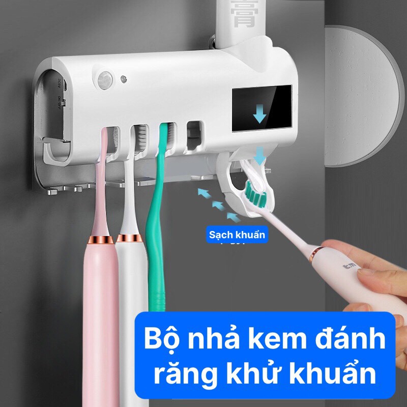 Bộ Nhả Kem Đánh Răng Tự Động, Kệ Để Đồ Phòng Tắm Cao Cấp khử khuẩn tia UV công nghệ cao Châu Âu ( Tặng Kèm Miếng Dán )