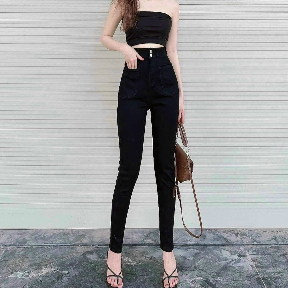 Quần jeans đen ôm co giãn lưng siêu cao chất vải đen mịn đẹp