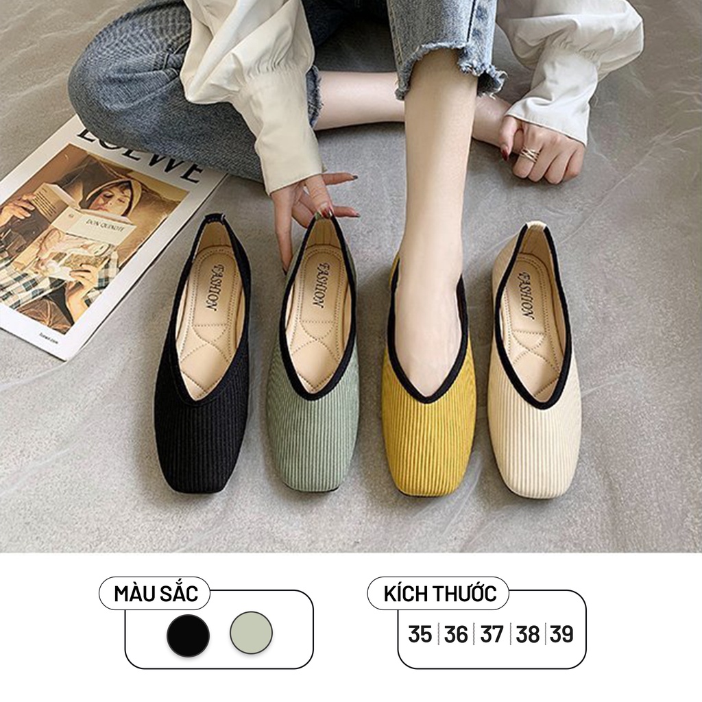 Giày Búp Bê Ulzzang Nữ, Giày Búp Bê Nữ Đế Bệt 1cm Mũi Vuông Vải Dệt Lót Da Chông Trơn Trượt Hàn Quốc - Iclassy_shoes