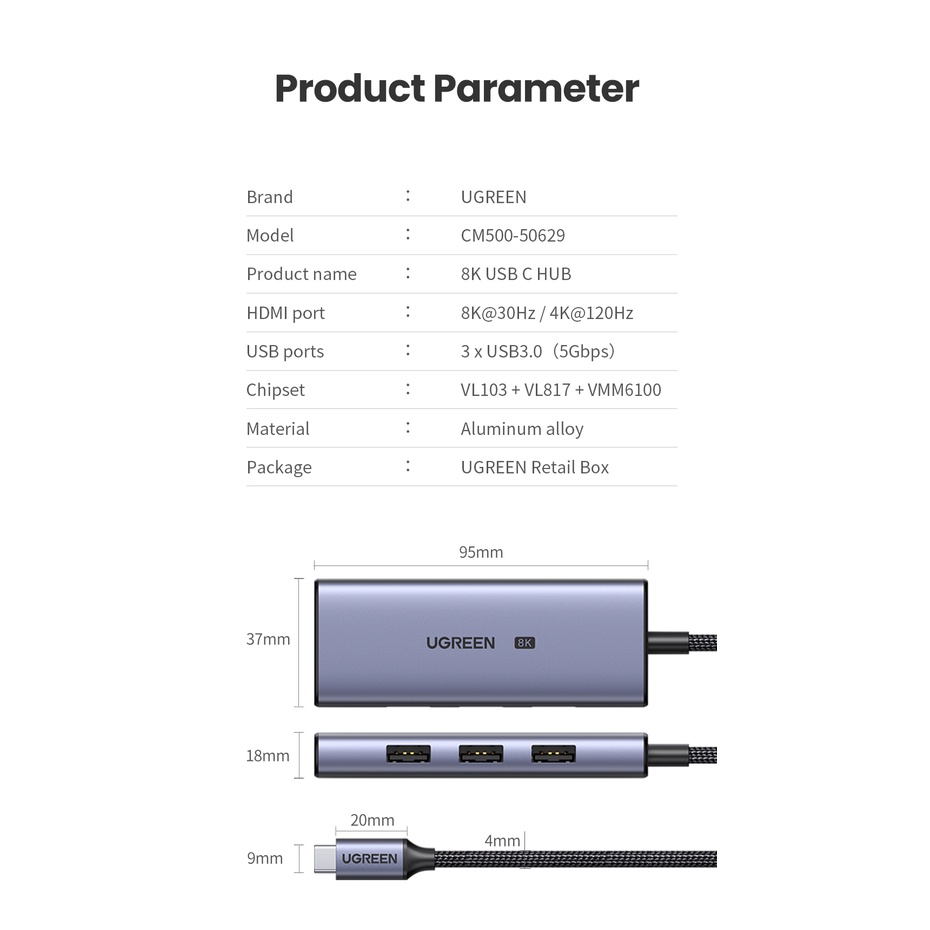 HUB chuyển đổi UGREEN USB C 8K30Hz 4K120Hz Type C sang HDMI 2.1 USB 3.0 24Gbps thích hợp cho Macbook Air Pro iPad Pro M1