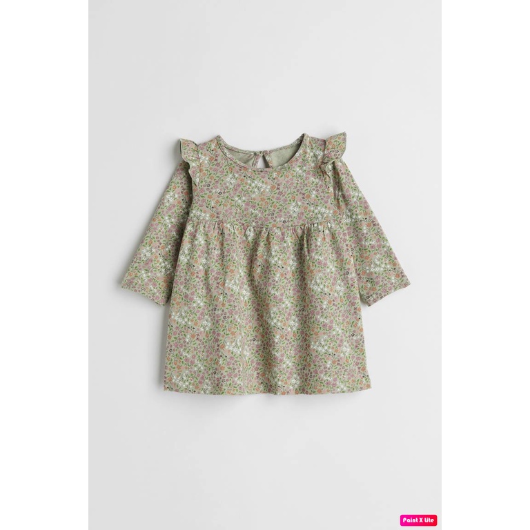 Váy thun cotton dài tay bé gái, in hoa nhí xanh, Hờ mờ Ba Lan săn SALE