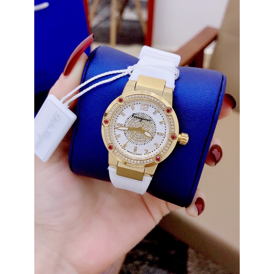 Đồng Hồ Nữ Ferragamo F-80 Diamond Dây Cao Su , Cọc Số Nạm Đá , Size 33mm