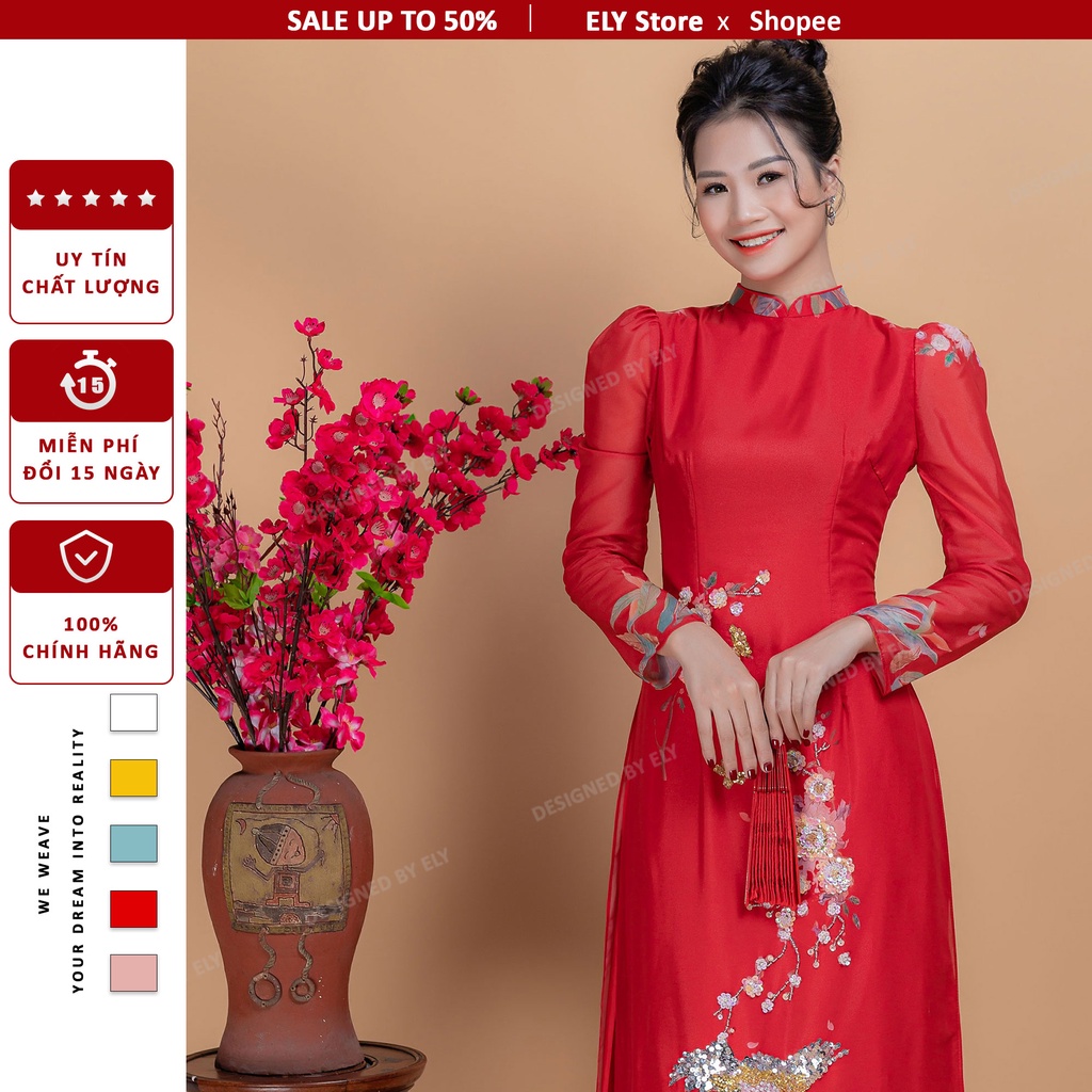 Áo dài truyền thống nữ thiết kế thêu họa tiết ELY lụa cao cấp đổi trả 15 ngày