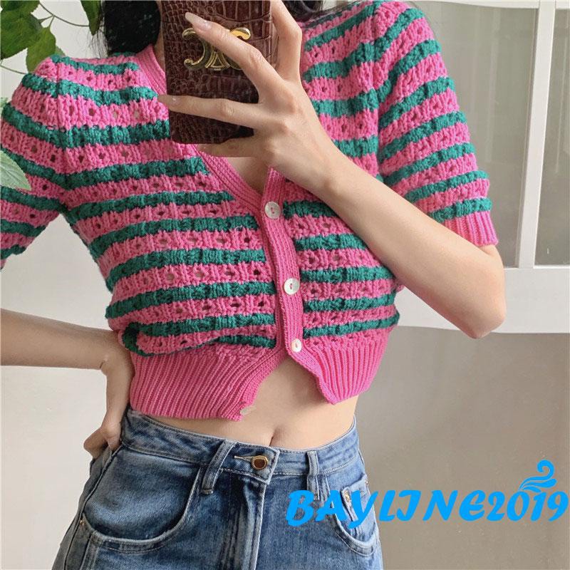 Áo Cardigan Tay Ngắn Cổ Chữ V Cài Nút Họa Tiết Kẻ Sọc Thanh Lịch Cho Nữ