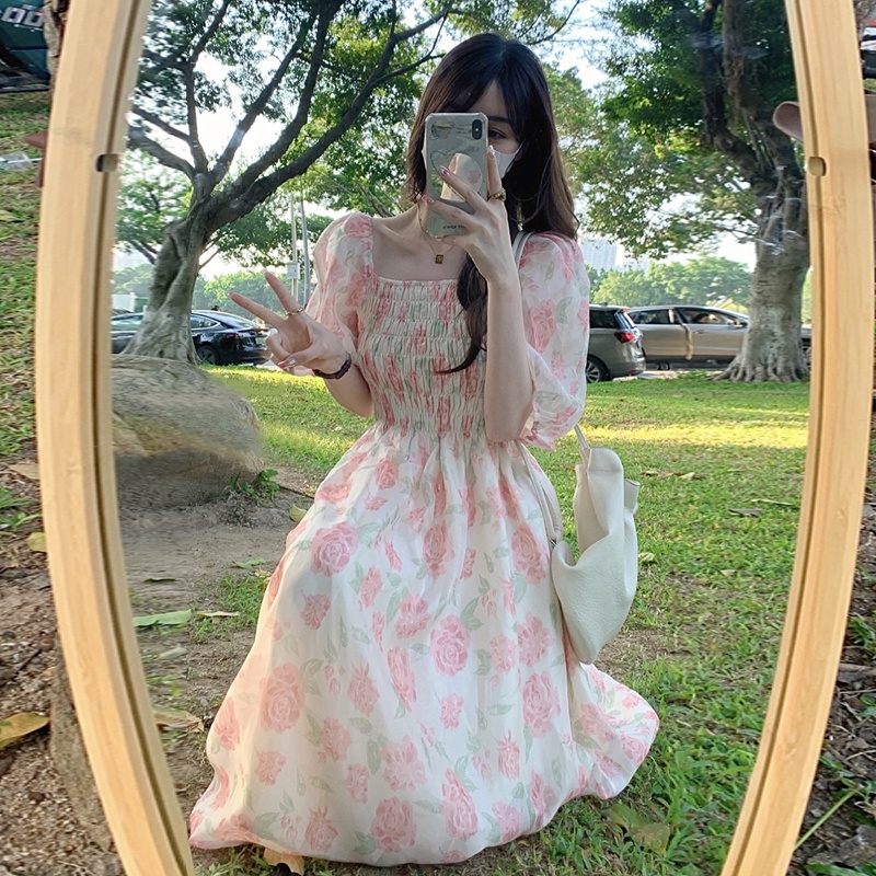 Đầm Váy Babydoll Hoa Hồng Chun Ngực Váy Cổ Vuông Hàn Quốc