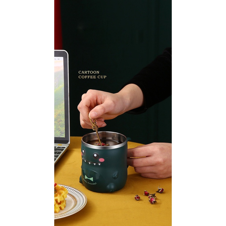 Cốc nước, Ly nước, café hình khủng long dễ thương Inox 304 có ống hút, nắp đậy tiện dụng