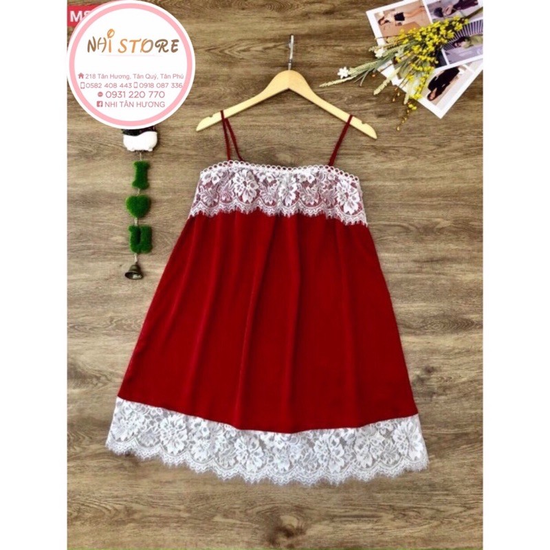[Freeship 50k] Đầm Ngủ Lụa 2 Dây Phối Ren NHISTORE Freesize Dưới 55kg