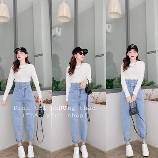 Quần jean baggy cạp cao đai khuy, áo thu đông xốp thảo xinh shop