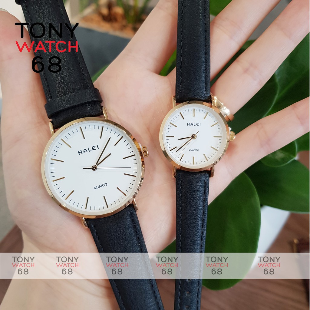 Đồng hồ đôi nam nữ Halei dây da nâu mặt số vạch chính hãng Tony Watch 68