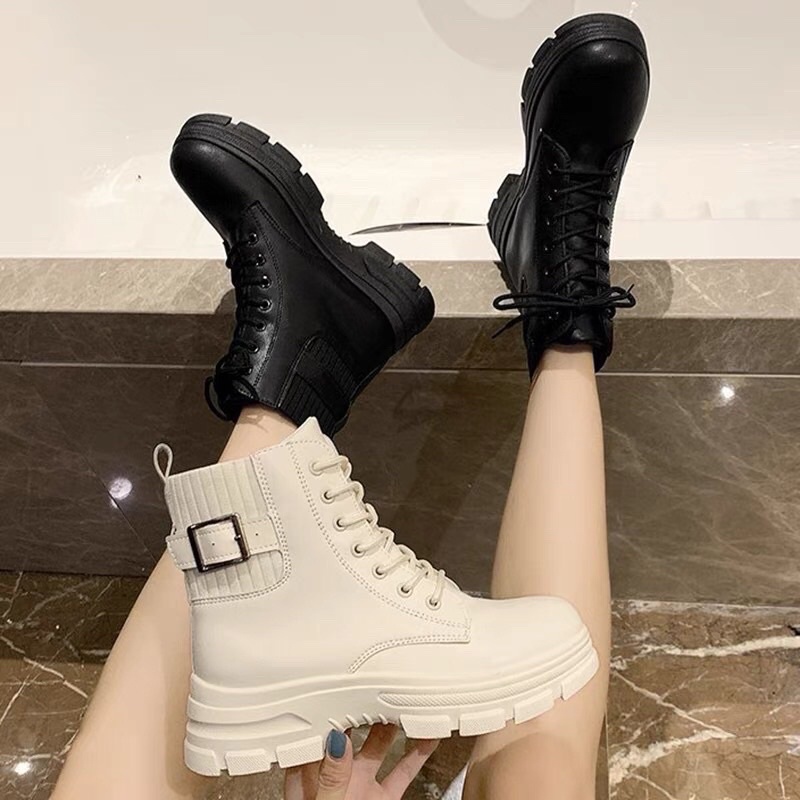 Giày boots nữ cổ chun khuy cài Cao Cấp - bốt nữ độn đế da mềm Giá Rẻ