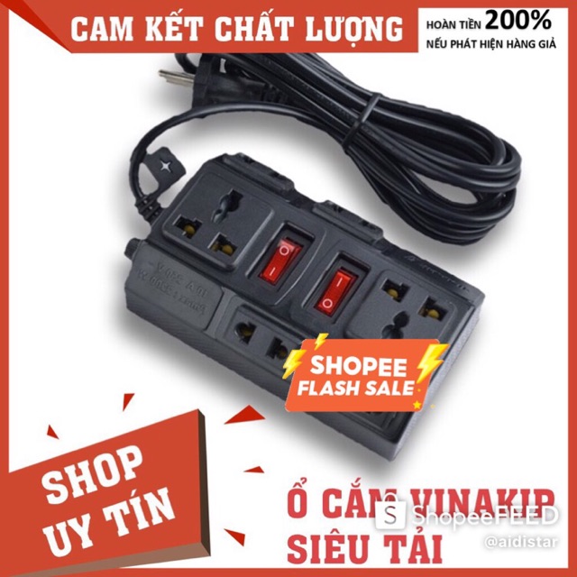 Ổ cắm điện VINAKIP 6 lỗ, 2 công tắc, 3 ngả, 2500W công suất cao, siêu tiện lợi