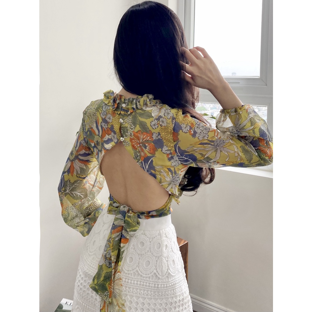 Áo Kiểu Tay Phồng Phối Bèo Nền Hoa Màu Xanh EDINI - A1315 - A1287