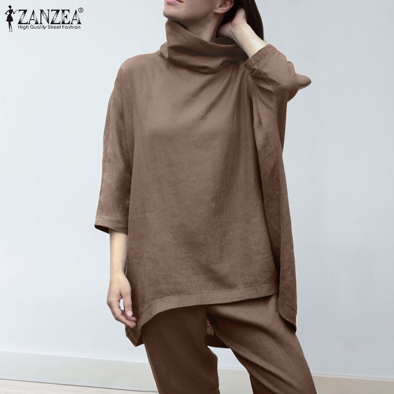 Bộ đồ ZANZEA gồm áo cổ lọ tay 3/4 dáng rộng phối túi màu trơn thời trang dành cho nữ