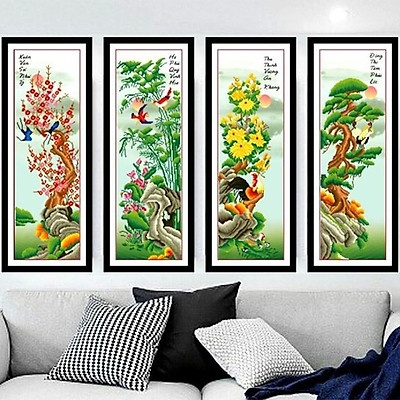 Tranh thêu chữ thập tứ quý KT:127x78cm,tranh chưa thêu.Tặng kéo và xỏ chỉ.
