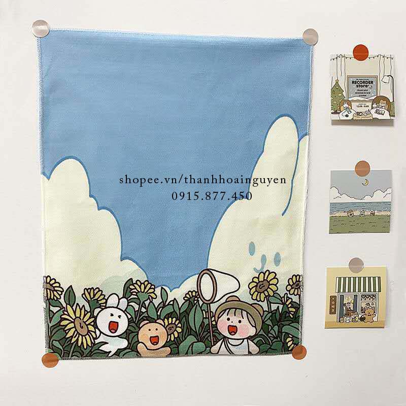 Thảm Treo Tường hình cô bé và con gấu cute 32x40cm ( Tranh treo tường trang trí )