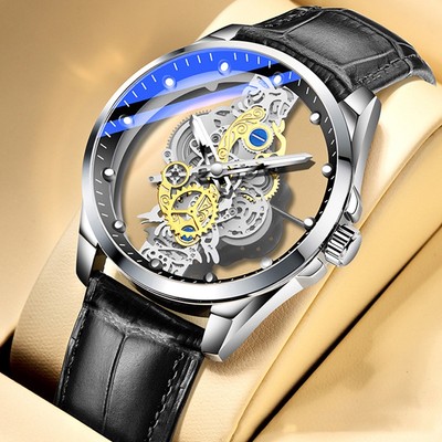 Đồng hồ nam CRNAIRA watch CR59 lộ máy trước và sau dây da Pu chống nước 3ATM thiết kế sang trọng lịch lãm