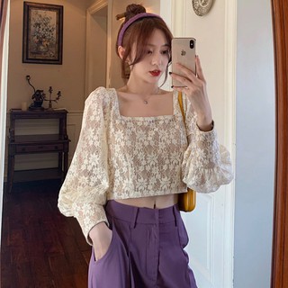 (ORDER) Áo ren hoa cúc cổ vuông dài tay cá tính sang chảnh Hàn Quốc (MẪU MỚI 2020)