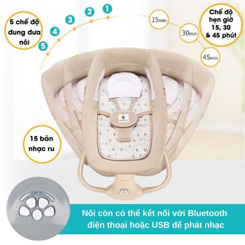 Nôi rung đa năng  𝑭𝒓𝒆𝒆𝒔𝒉𝒊𝒑  Nôi ru ngủ điều khiển từ xa cho bé có nhạc trắng Bluetooth Mastela 8107/8108