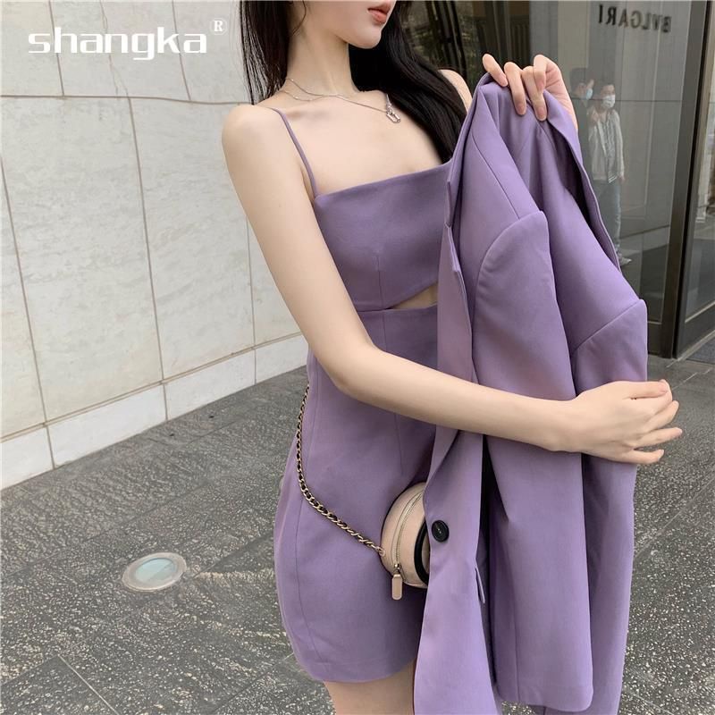 Set áo khoác vest tay dài dáng rộng đầm hai dây màu tím thời trang