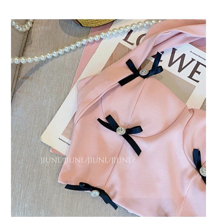 The bow is sweet, spicy, sexy, hanging neck jacket, female high-end French style 2022 new pink summer dress temperament socialite