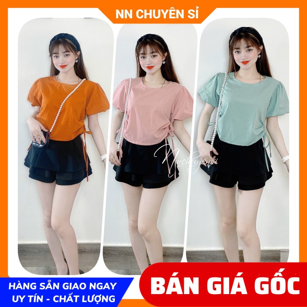 Áo kiểu nữ chất vải mềm mịn tay búp cột nơ eo dễ thương Áo kiểu nữ phom croptop MT1982