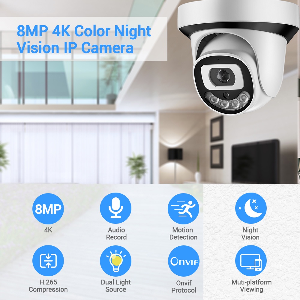 Máy quay an ninh IP HAMROL 4K Ultra HD 8MP IP Po H.265 Onvif Audio CCTV 4 màu sắc tiện lợi