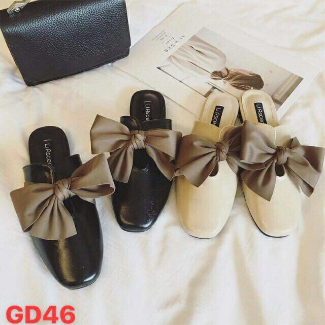 Giày nữ hở gót I Sục da lì mũi vuông nơ to cực bền đẹp Hàng Quảng Châu loại 1 xịn xò | BigBuy360 - bigbuy360.vn