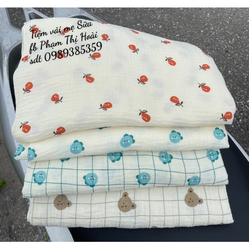 vải xô muslin 2 lớp cao cấp loại 1 hình con gà xanh may quần áo,khăn tắm cho bé