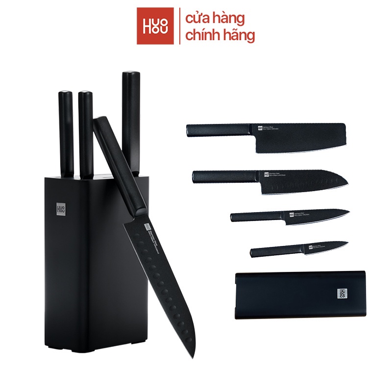 Bộ Dao 5/6 Món Xiaomi Huohou mạ titan thép ko gỉ kèm chân đế cao cấp HuoHou HU0076/ HU0057 - Hàng chính hãng