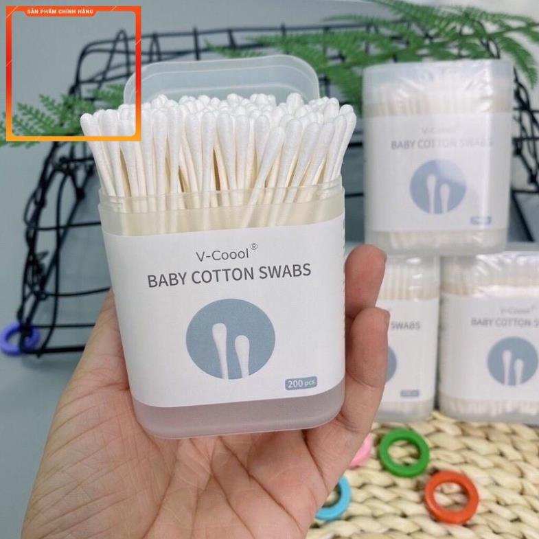 Tăm bông Vcool cho bé hộp 200 que cao cấp, hộp trắng nội địa và hộp xanh xuất Nhật.