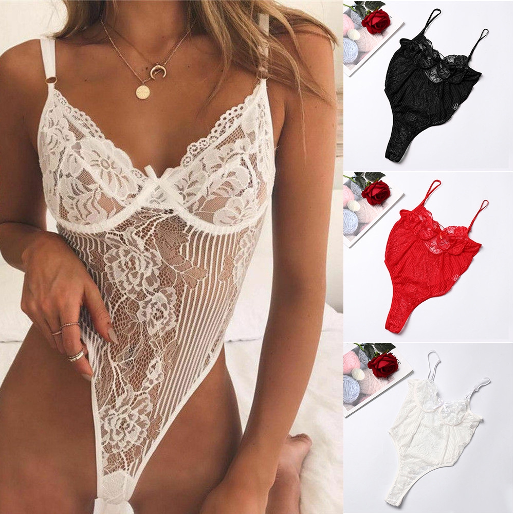 Đồ ngủ bodysuit 2 dây cổ chữ V phối ren gợi cảm cho nữ