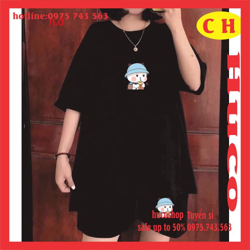sét đồ bộ nam nữ áo thun hè ngắn tay in logo trà sữa chất cotton + quần đùi ông rộng form rộng chuẩn ảnh unisex freesize